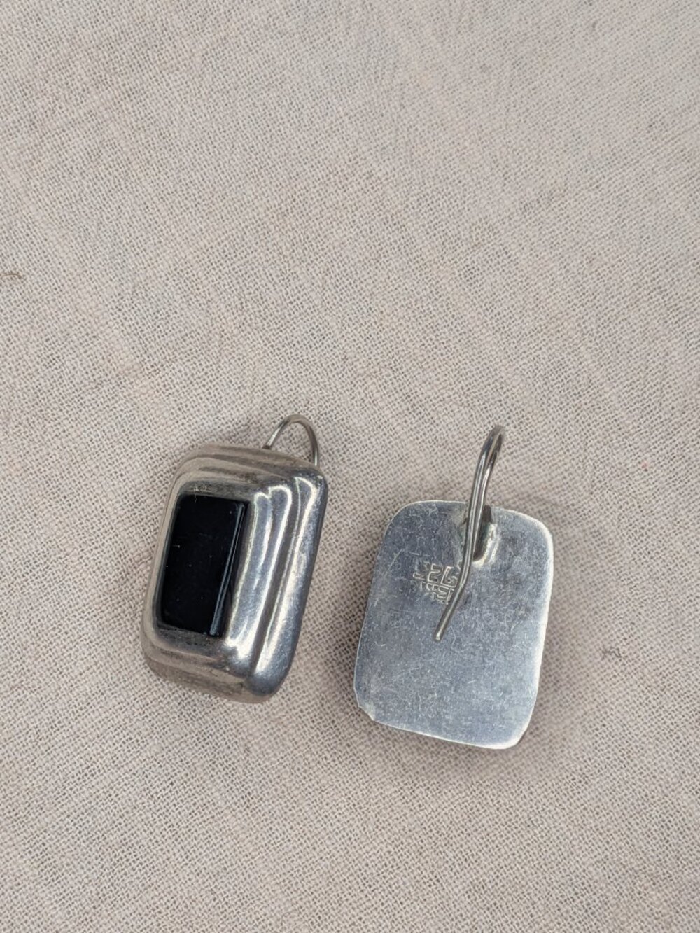 Mexico 925 Sterling Silver Black Onyx Rectangle Drop Earrings Vintage